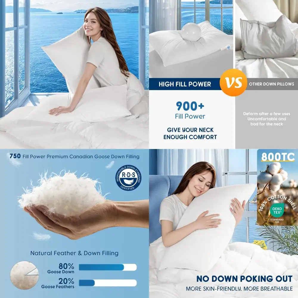 

Premium Canadian White Goose Down Pillows - Set of 2, High Fill Power 750+, 800 Thread Count Cotton Cover, Plush Comfort for Sle