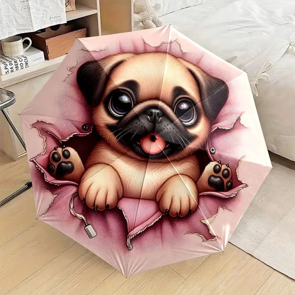 Paraguas Plegable Compacto de 8 Varillas con Diseño de Perro Pug Abierto/Cerrado y Tela Rosa Desgarrada con Pug Escondido - Portátil para Uso Diario