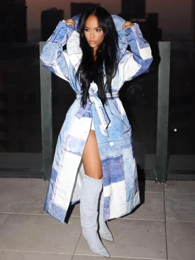 موضة الدنيم التصحيح المطبوعة كبيرة التلبيب الدانتيل متابعة سترة الشارع الشهير فضفاضة معطف سميك أنيق مبطن بالقطن X-معطف طويل المرأة