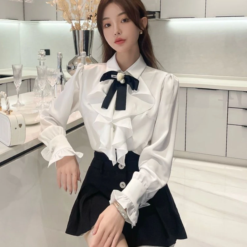 White Shirts Woman Lace Ruffles Blouses Sweet Female Peter Pan Coller Crop Long Sleeve Tops Preppy Ladies Temperament Tops Q190