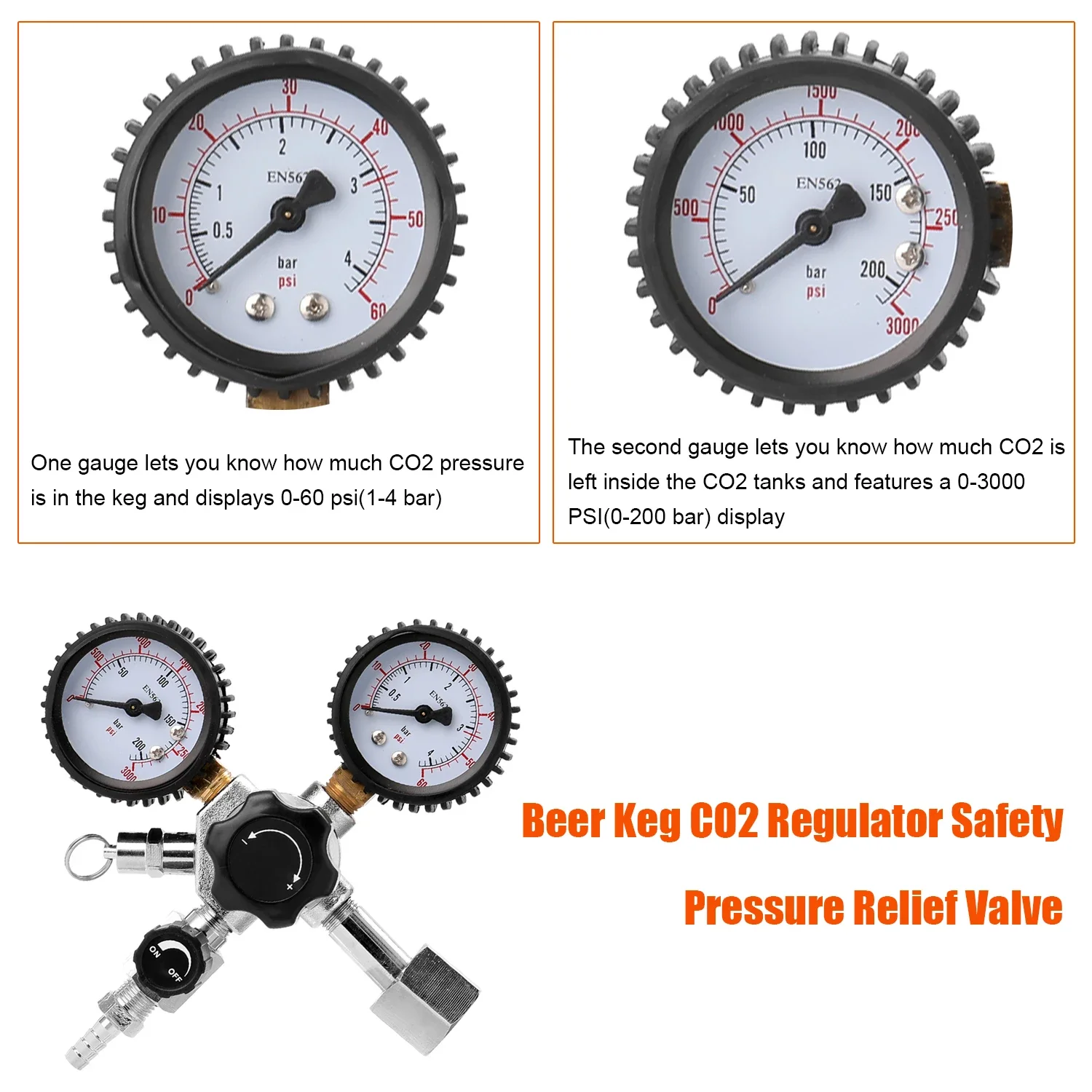 Gauge CO2 Keg Regulator Safety Pressure Relief Valve Tanks Pressure For Beer Brewing 0~3000psi, 0~60psi