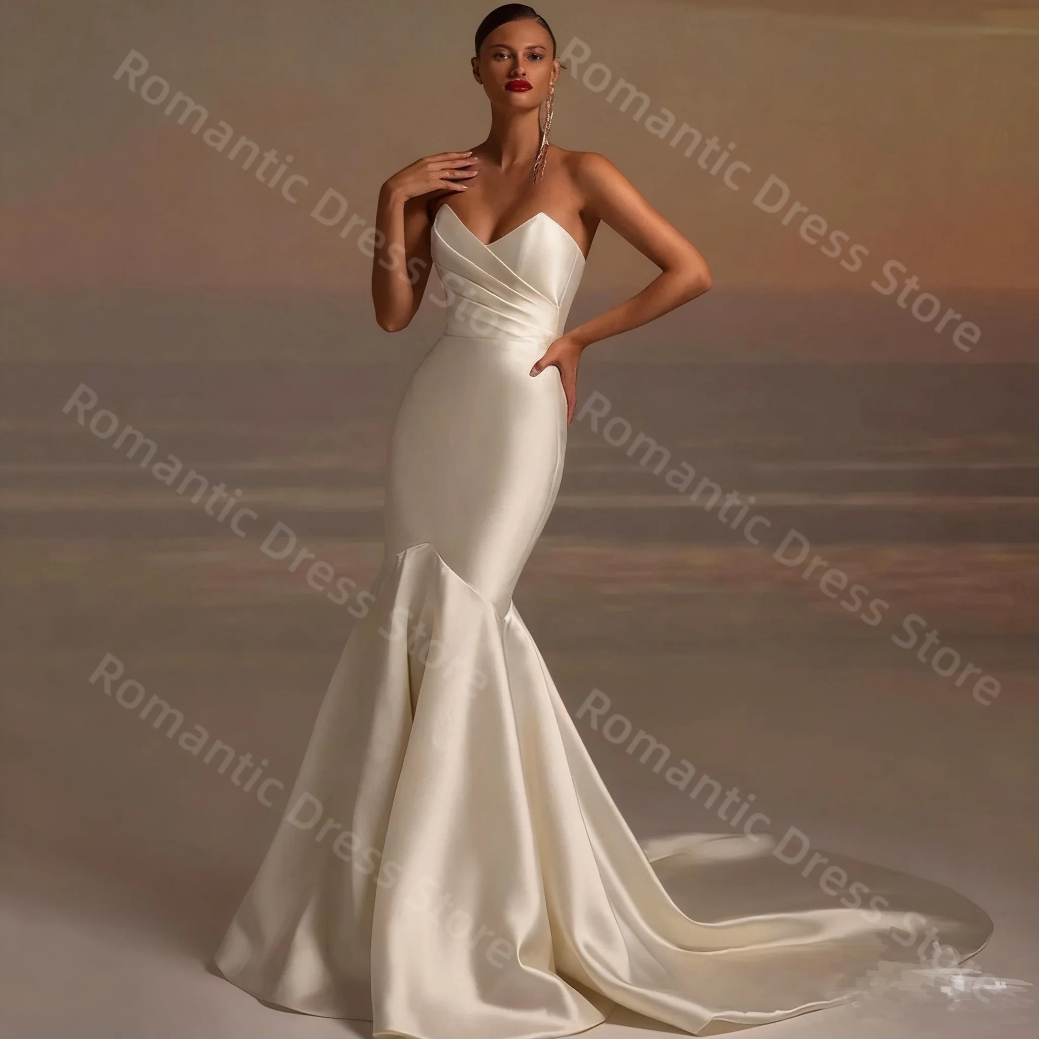 

Романтическое атласное свадебное платье русалки на заказ без бретелек 2025 года, платье невесты с открытой спиной для женщин, Vestido De Noiva
