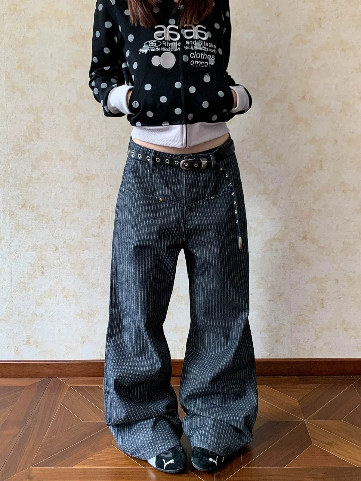 American Retro Vertical Stripes Jeans Loose Straight Fit Long Pants Unisex Street Style Cleanfit High-End Feeling Versatile J...