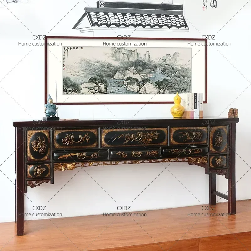 Retro Solid Wood Strip Console Table New Chinese Style Entryway Cabinet Multi Drawer Storage Unit Wall Mounted End View