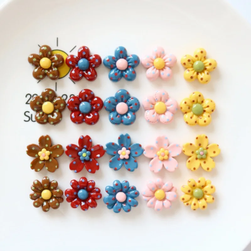 100pcs Wholesale Polka Dot Five-Petal Flower Flat Back Resin Accessories DIY for Keychain Jewelry Earrings Scrapbook Decor