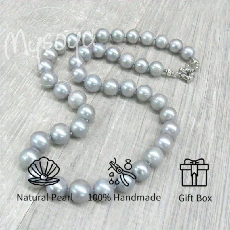 

MYSOYA 10-12 мм серое ожерелье из пресноводного жемчуга с подарочной коробкой, индивидуальный подарок, идеально подходящий для свадьбы, Рождества, дня рождения, Нового года