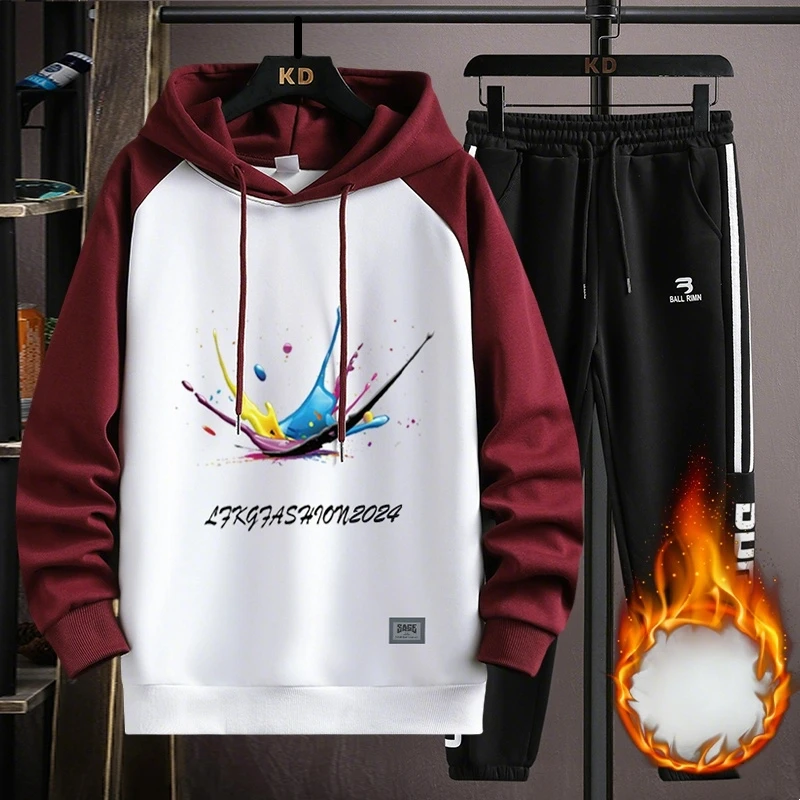 

Спортивный костюм с капюшоном в американском стиле для мужчин, осенне-зимний повседневный флисовый костюм с капюшоном и брюками, свободный костюм с цветным принтом