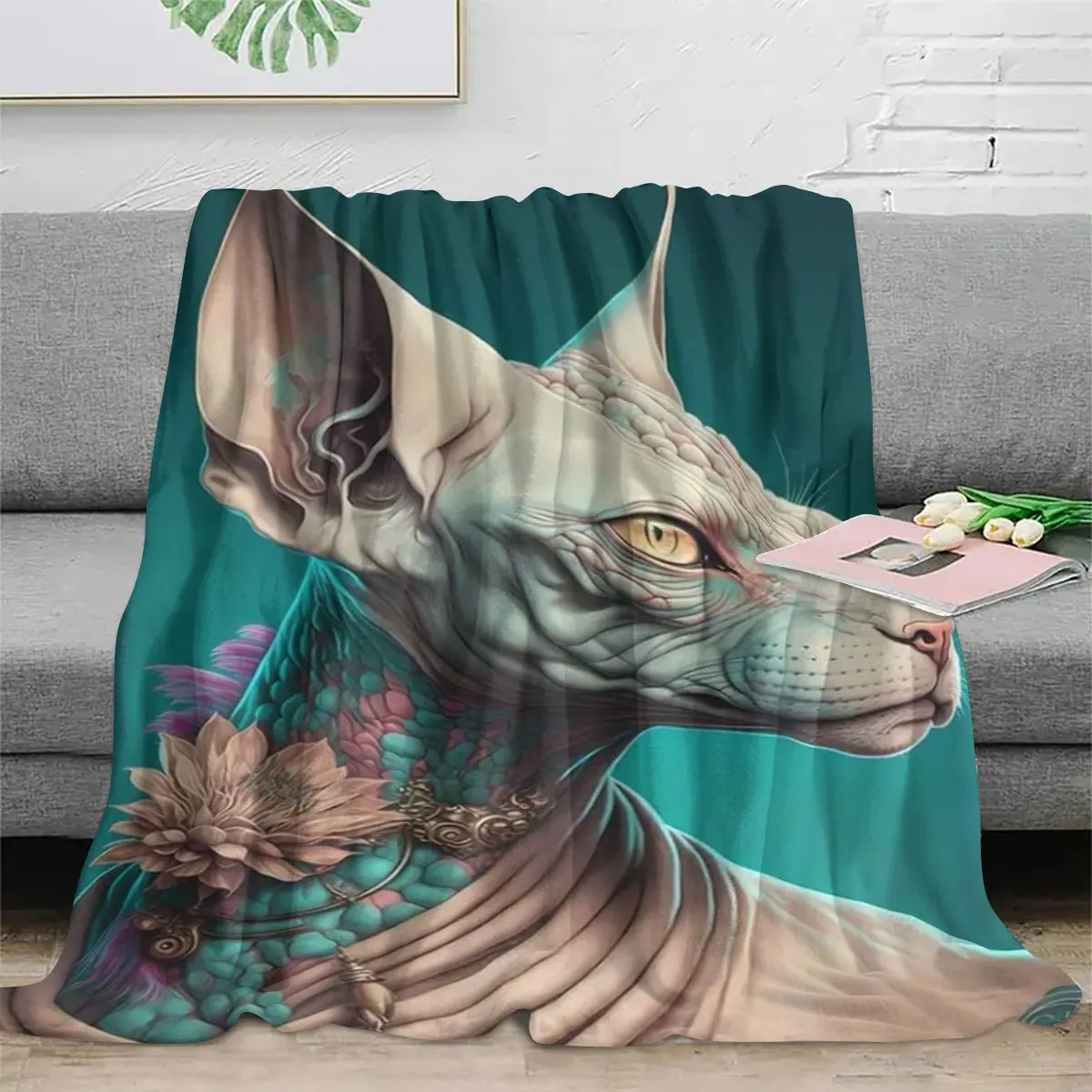 Elegant Artistic Hairless Sphynx Cat Floral Ornament Pattern Flannel Blanket Cozy Plush Bedspread Portable Travel Blanket