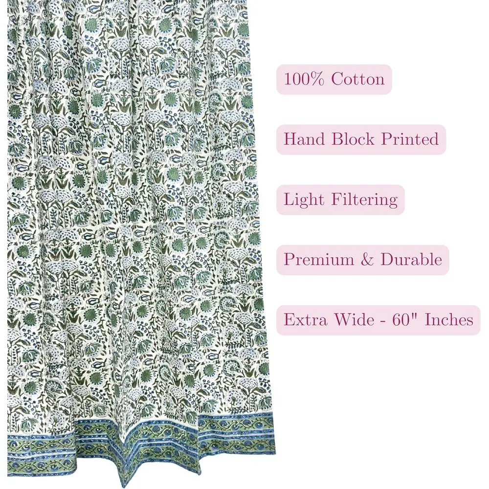 Cotton Block Print Curtains, Rod Pocket & Loop for Easy Hanging, Light Filtering, Boho Style, 60x96, Clover Blue, Set of 1