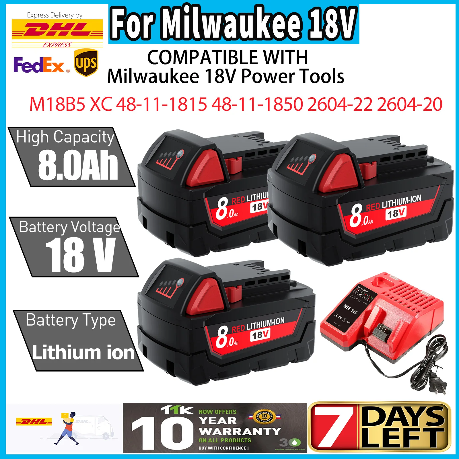 

For Milwaukee M18 Battery 8000mAh 18V Rechargeable Battery For Milwaukee Tool M18B5 XC 48-11-2402 48-11-2411 2604-22