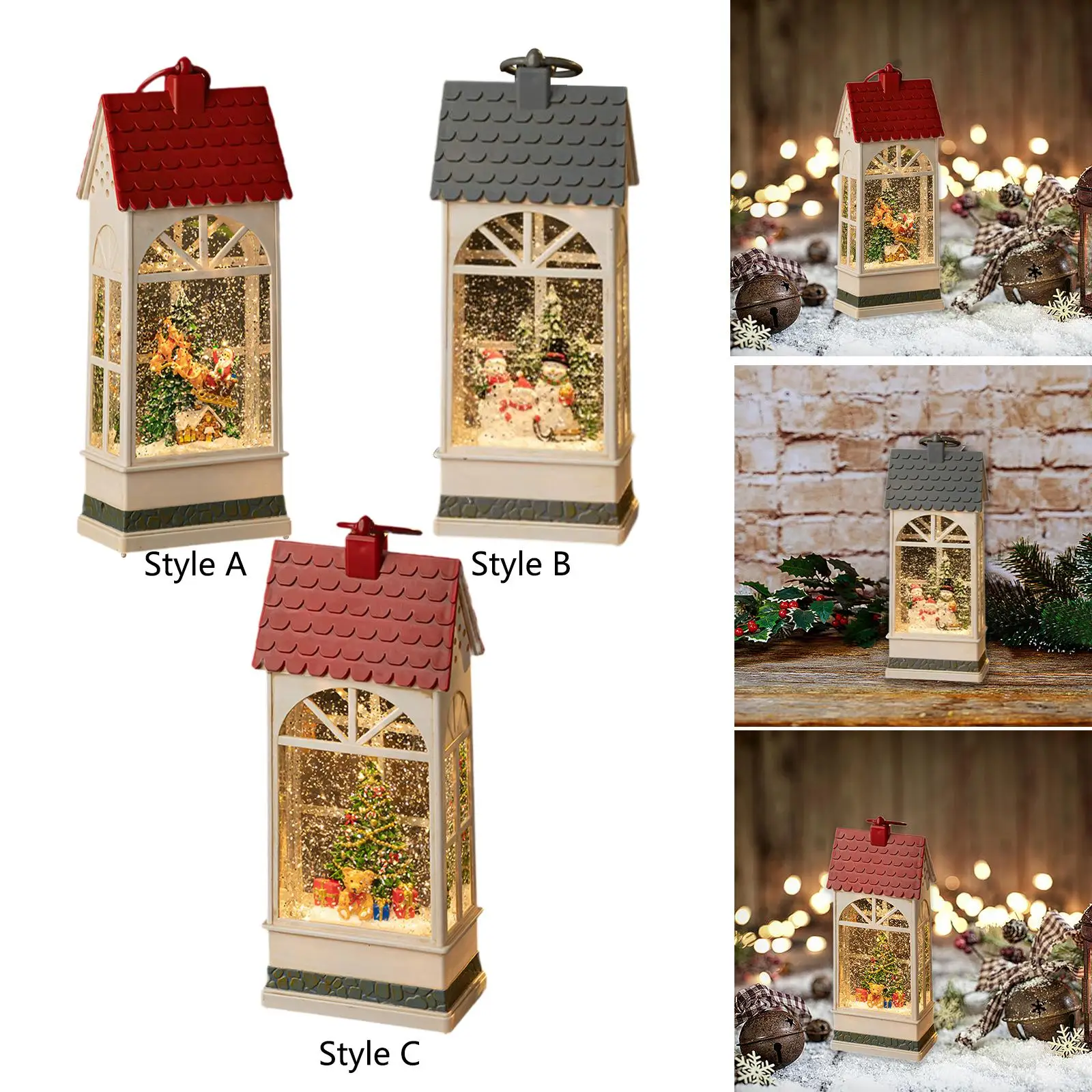 Christmas Snow Globe Music Box Lantern Figurine with Water Glitter for Fireplace Mantel Decor