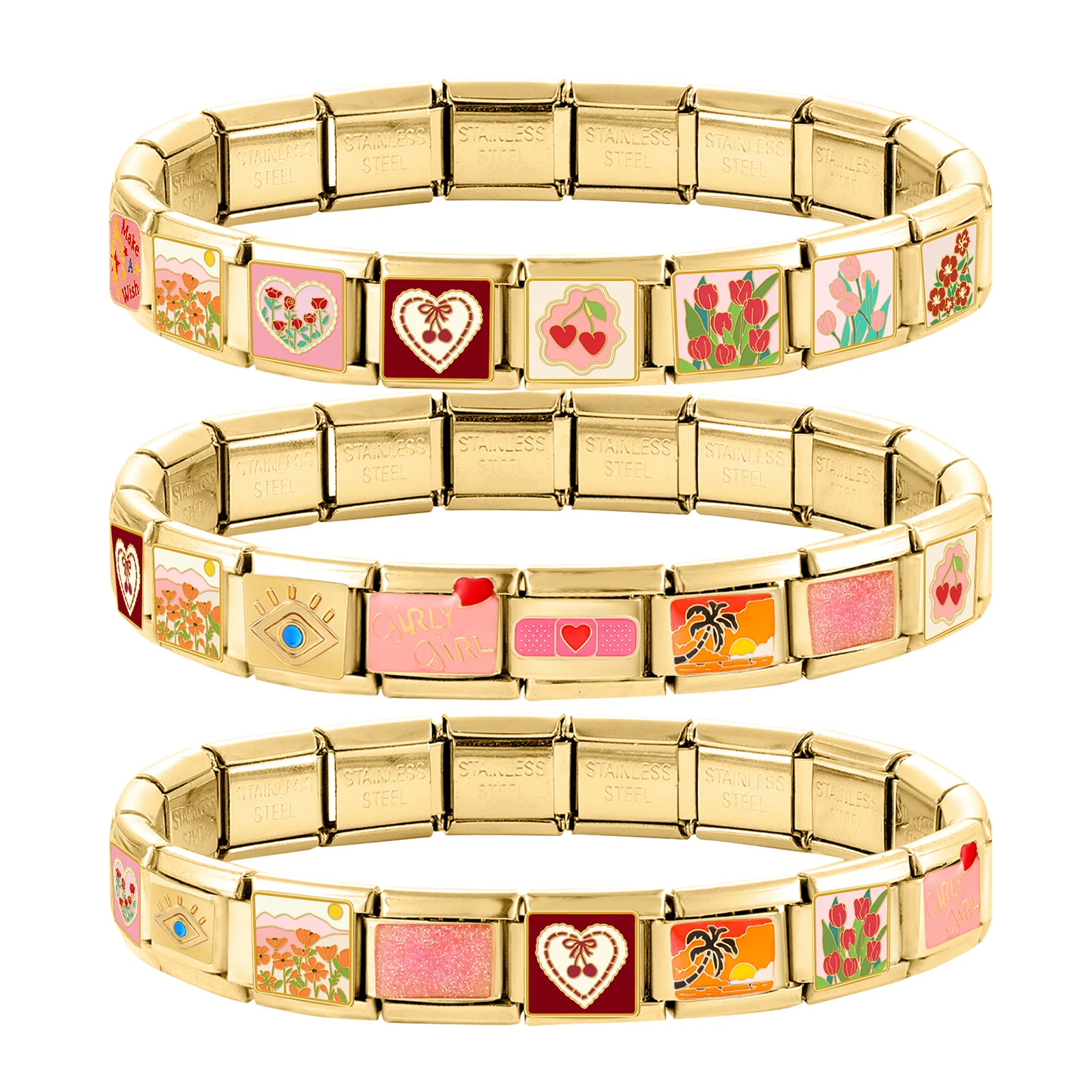 Y2K Hot 9mm Width Creative Tulip Rose Cherry Eyes Sunset Girl Gold Color Italian Charm Links Fit 9MM Bracelet Jewelry Making