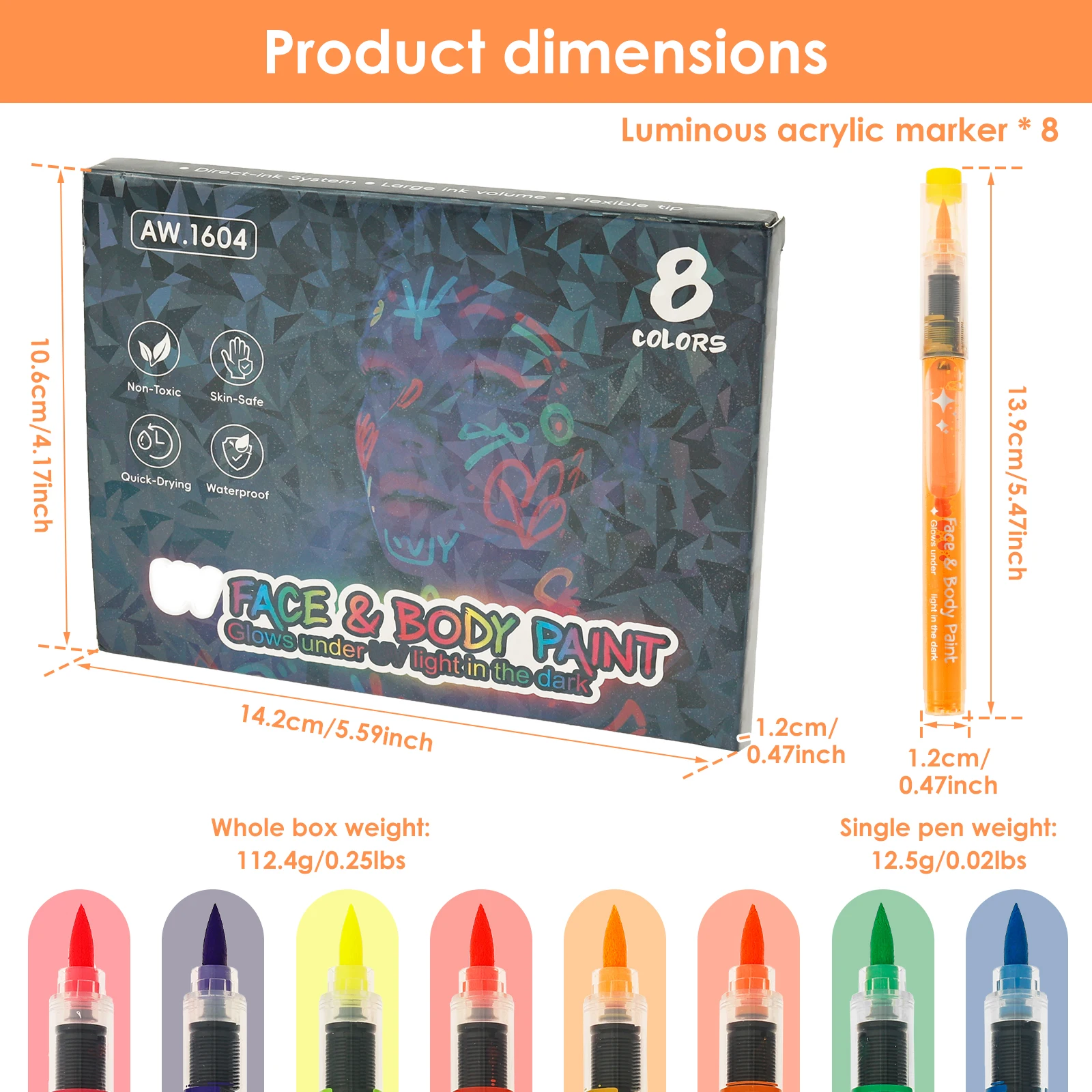 8Pcs Face Paint Marker Glow Under Black Light Face Painting Pen Sweatproof Body Paint Pen Washable Temporary Tattoo Marker Adult