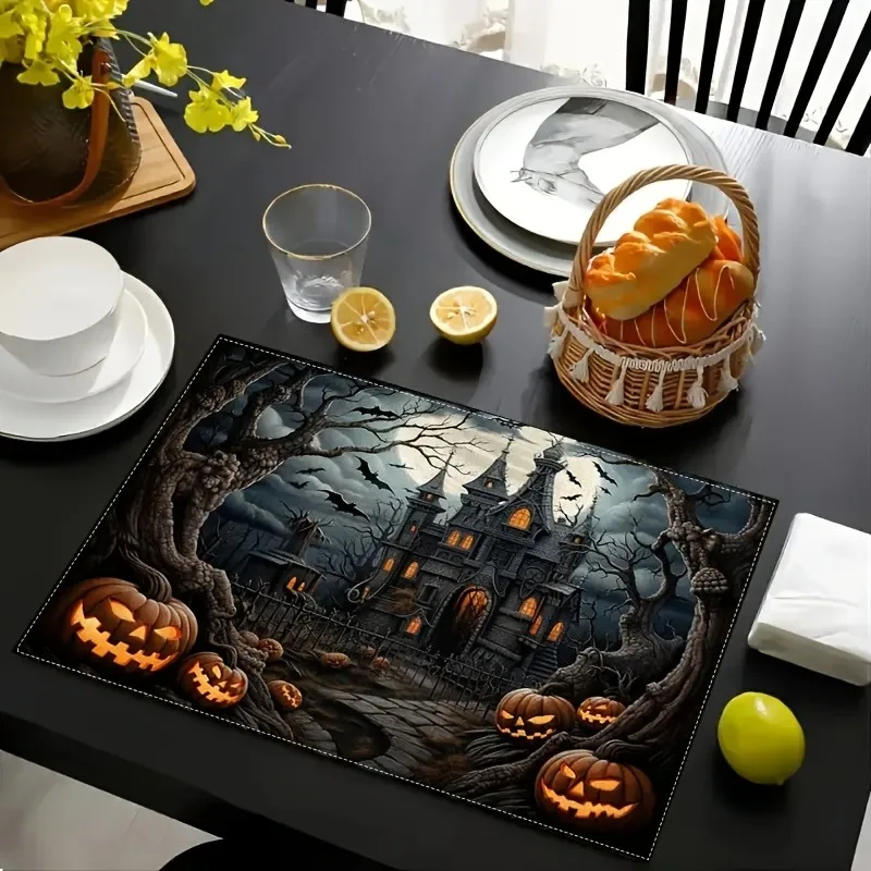 4Pcs Halloween Placemats With Witch Pumpkin Table Mat Spooky Haunted House Table Decor Place Mat Home Kitchen Dining Party