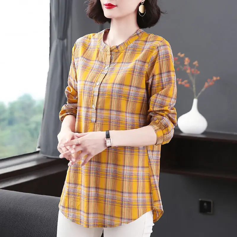 2023 Casual Plaid Printed Round Neck Midi Shirt Spring Autumn Button Female Clothing Long Sleeve All-match Loose Commute Blouse