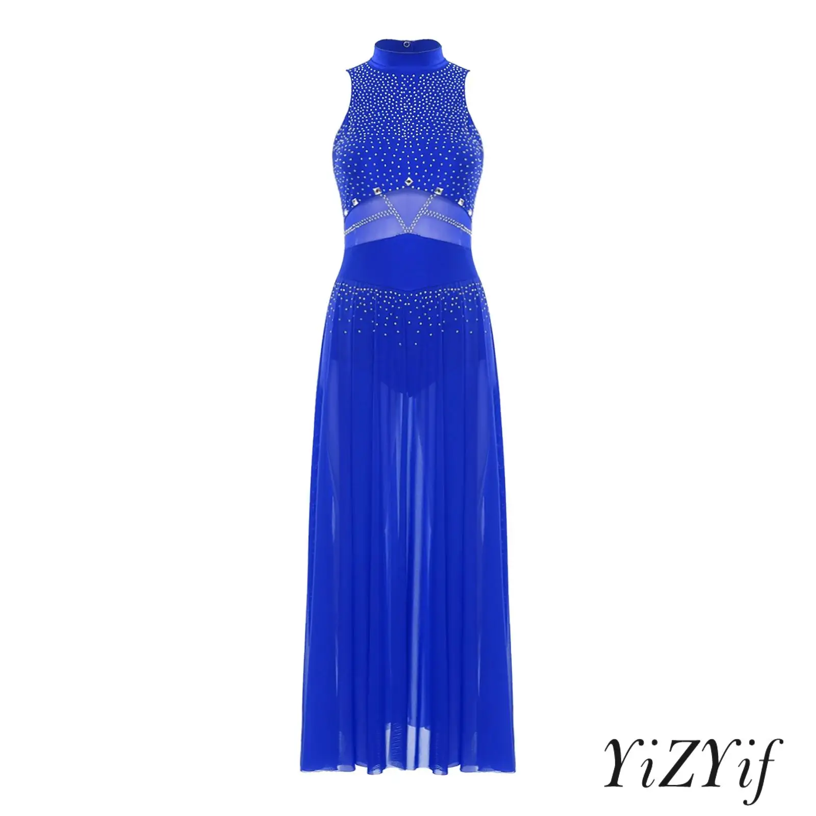 

Womens Lyrical Modern Dance Dress Glittery Rhinestone Sleeveless Sheer Mesh Splice Slit Hem Maxi Dress Gymnastics Leotard Dress