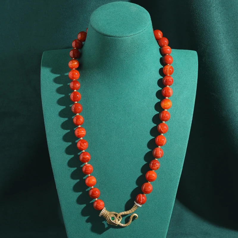 

Vintage Red Agate Glass Chain Beaded Necklaces Snake Head Retro Antique Gold Color Jewelry For Women Accessories Party New In