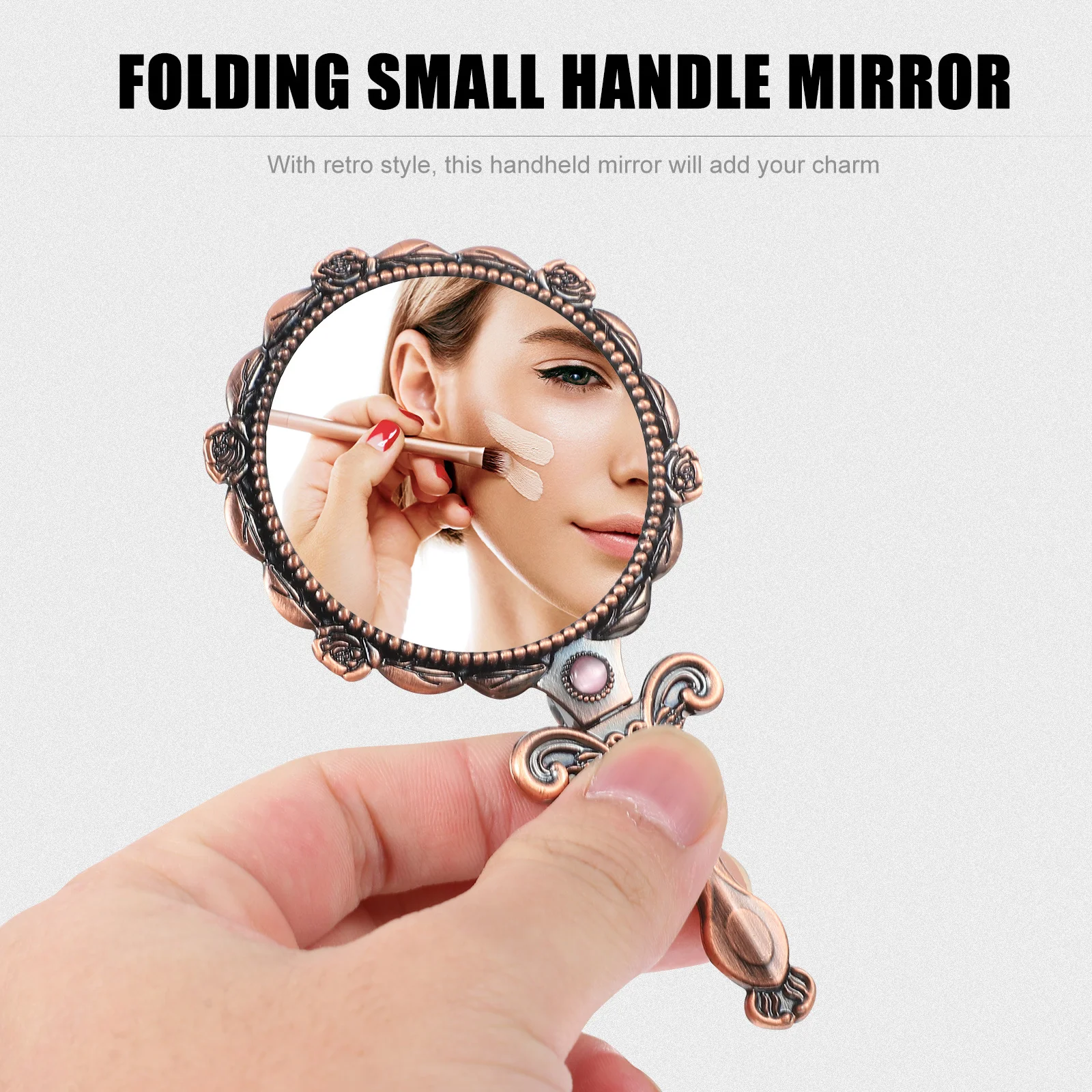مرآة مكياج صغيرة محمولة قابلة للطي بتصميم عتيق، مرآة منقوشة محمولة باليد، أداة مكياج جيب هدية للسفر