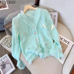 Green Tassel Knitted Cardigans Women Autumn Winter Solid V Neck Korean Fashion Single Breasted Office Lady Women Sweaters Mujer