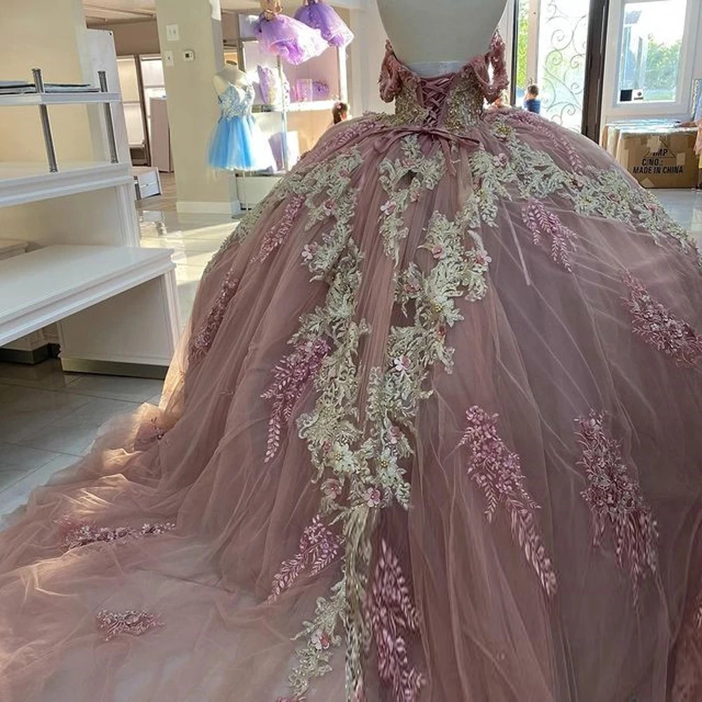 Vestido De baile Rosa iridiscente De lujo con apliques, vestidos De Quinceañera De 15 Años, perlas sin hombros, fiesta para niñas