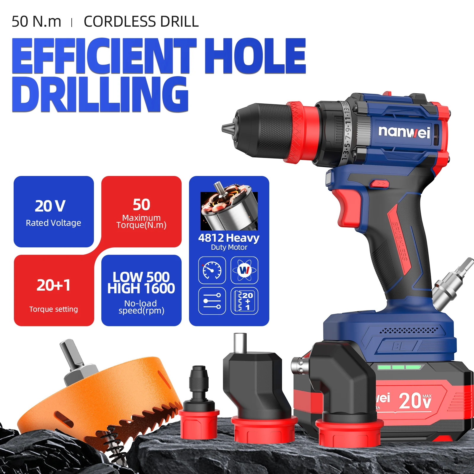 Nanwei 20V Brushless Drill 4-in-1 Multi-head Cordless Drilling & Screwing Impact Drill Household Tools Carpenters/Electricians