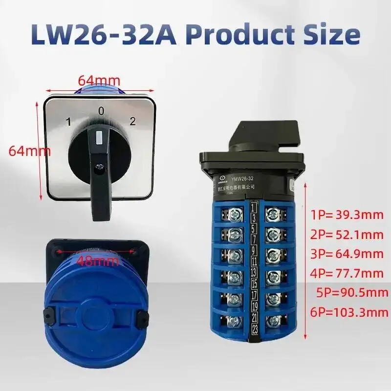 Interruptor rotativo de câmera de comutação LW26-32A 1-8 pólos dois/três posições ON OFF contato prateado controle de energia dupla