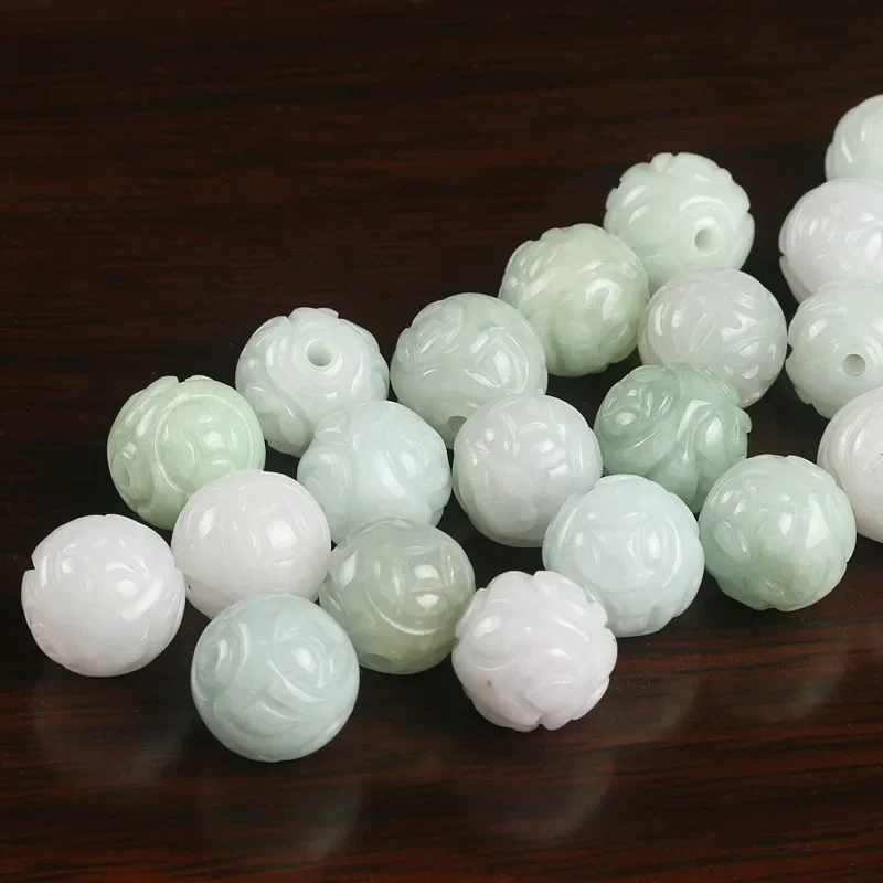 3PC Natural Jade Emerald Lotus Carved Beads 13mm DIY Accessories Bangle Charm Jewellery Fashion  Hand-Carved  Luck Amulet