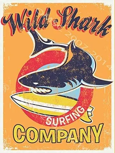 Retro Vintage Metal Plaque Sign Wild Shark Surfing Tin Sign for Home Bar Kitchen Pub Wall Decor Signs 12x8inch