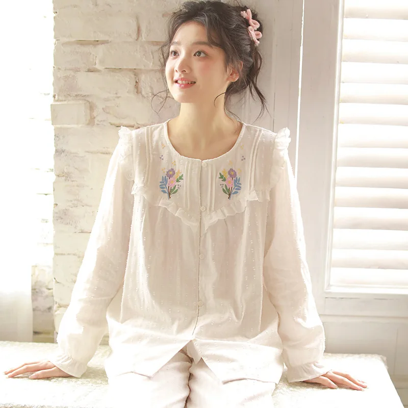 Japanese New Style Women's Cotton Pajamas Set Long-Sleeved Top with Trousers Casual Spring Autumn Winter Sleepwear