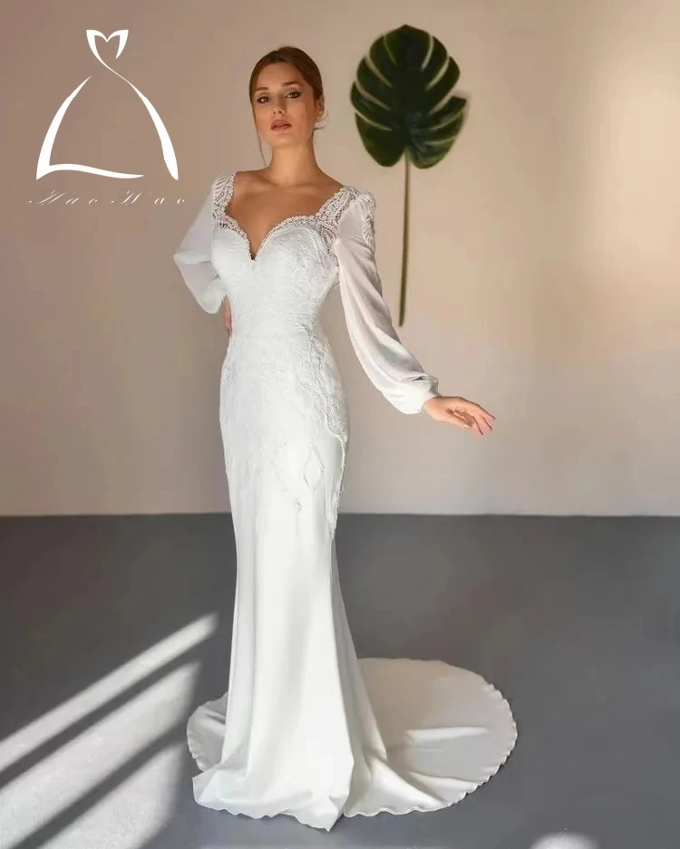 

Haohao 2024 Romantic Bride's Dress With Lace Square Collar Fishtail Long Sleeve Embroidery Backless Mermaid Wedding Dress