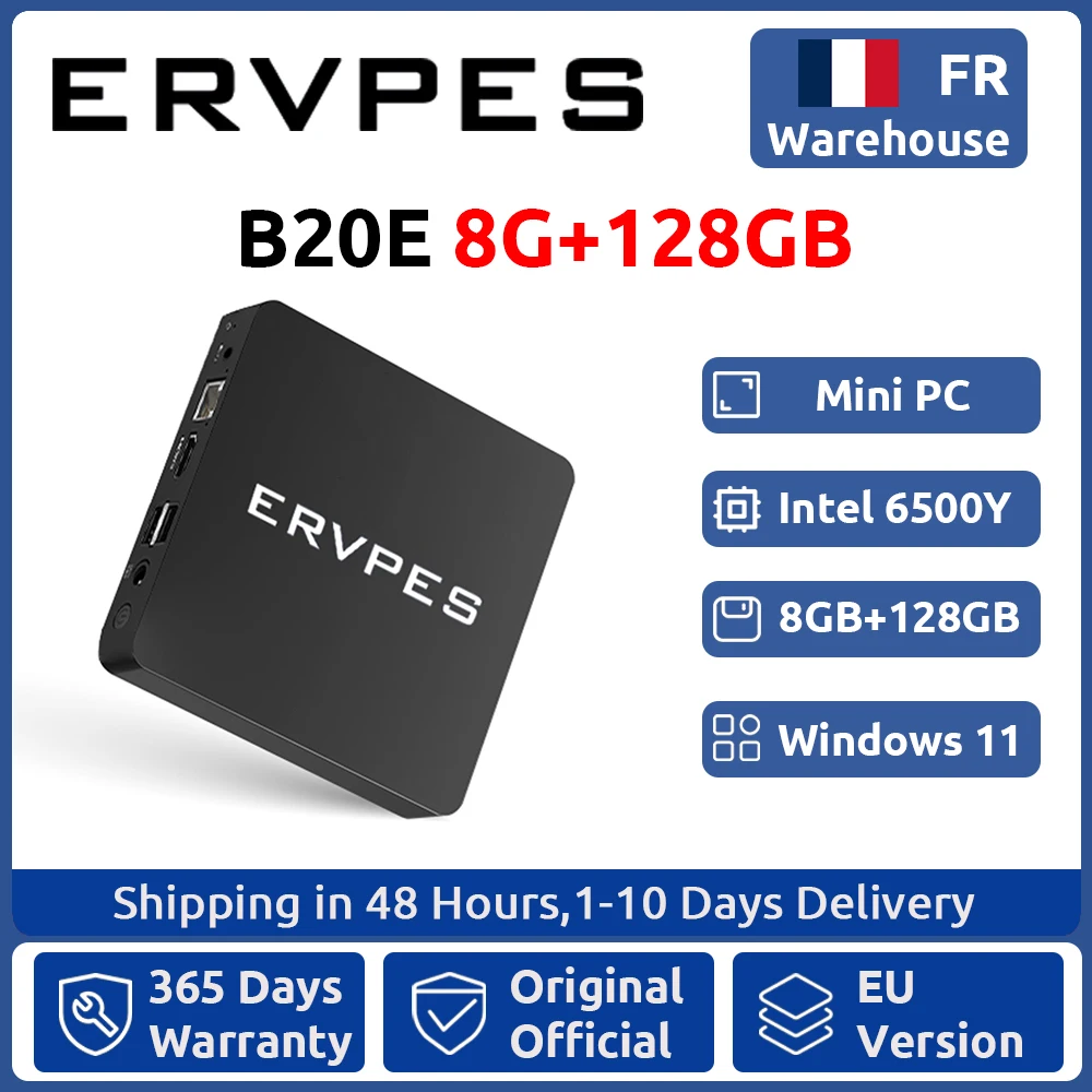 ERVPES Mini PC B20E, Windows 11 Pro, 8 GB RAM, 128 GB SSD, Intel 6500Y, compacte desktopcomputer, dual-band wifi, mini-pc.