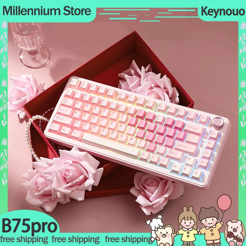 Keynouo B75pro Mechanical Keyboard Three Mode Wireless Hot Swap Rgb Knob Gaming Keyboard Customize Gasket Pc Gamer Accessories