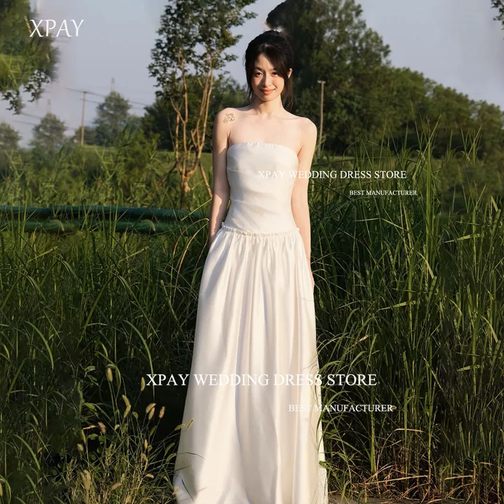 

XPAY Simple Ivory Satin Strapless Pleat Wedding Dresses For Korea Photo shoot Bow Back Customized Wedding Photo shoot 웨딩드레스