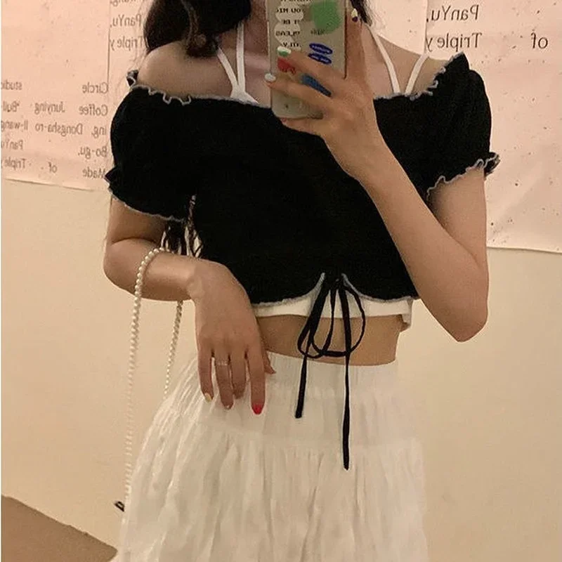 Sets Women Shirring Blouses Sexy Slash Neck Solid Camis Skinny Japanese Students Cropped Folds Ruffles Cute Soft Fashion Casual