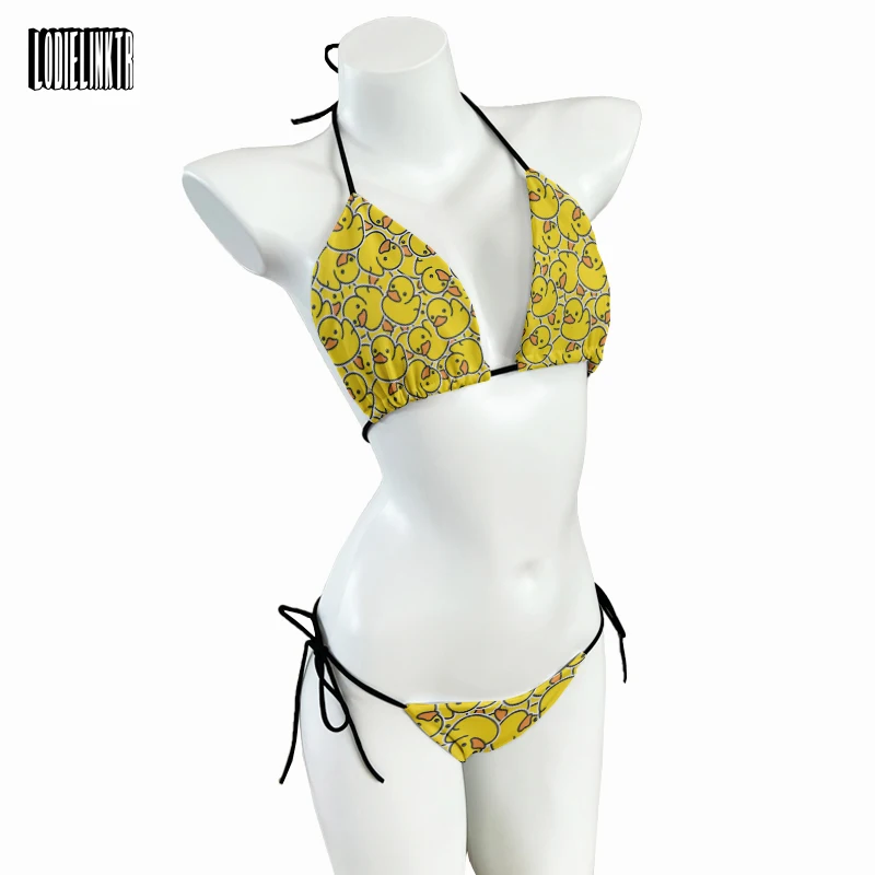 Cartoon yellow duck bikini beach surfing vacation ladies bikini halter low waist sexy card 3D printed swimsuit two-piece suit