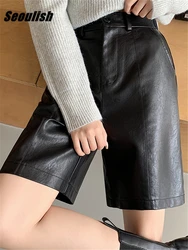 Seoulish Women's Black Faux PU Leather Shorts 2023 New Autumn Winter Washed High Waist Wide Leg Loose Pants Female Trousers