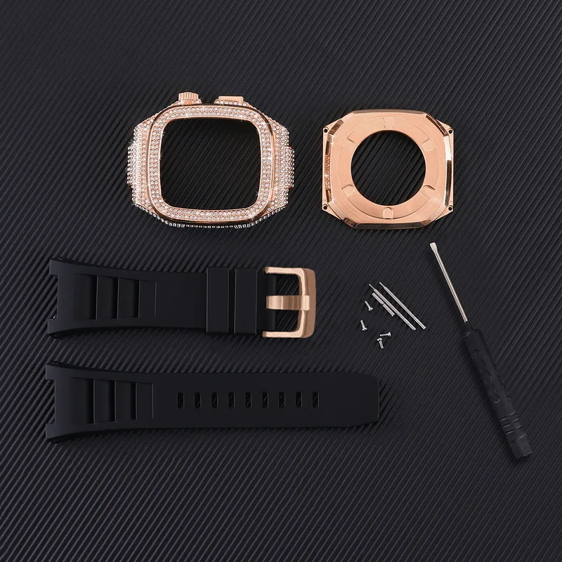 Women Diamond Modification Kit For Apple Watch Band 45MM 44MM Rhinestone Metal Case+Rubber Strap iWatch Series 9 8 7 6Bracelet