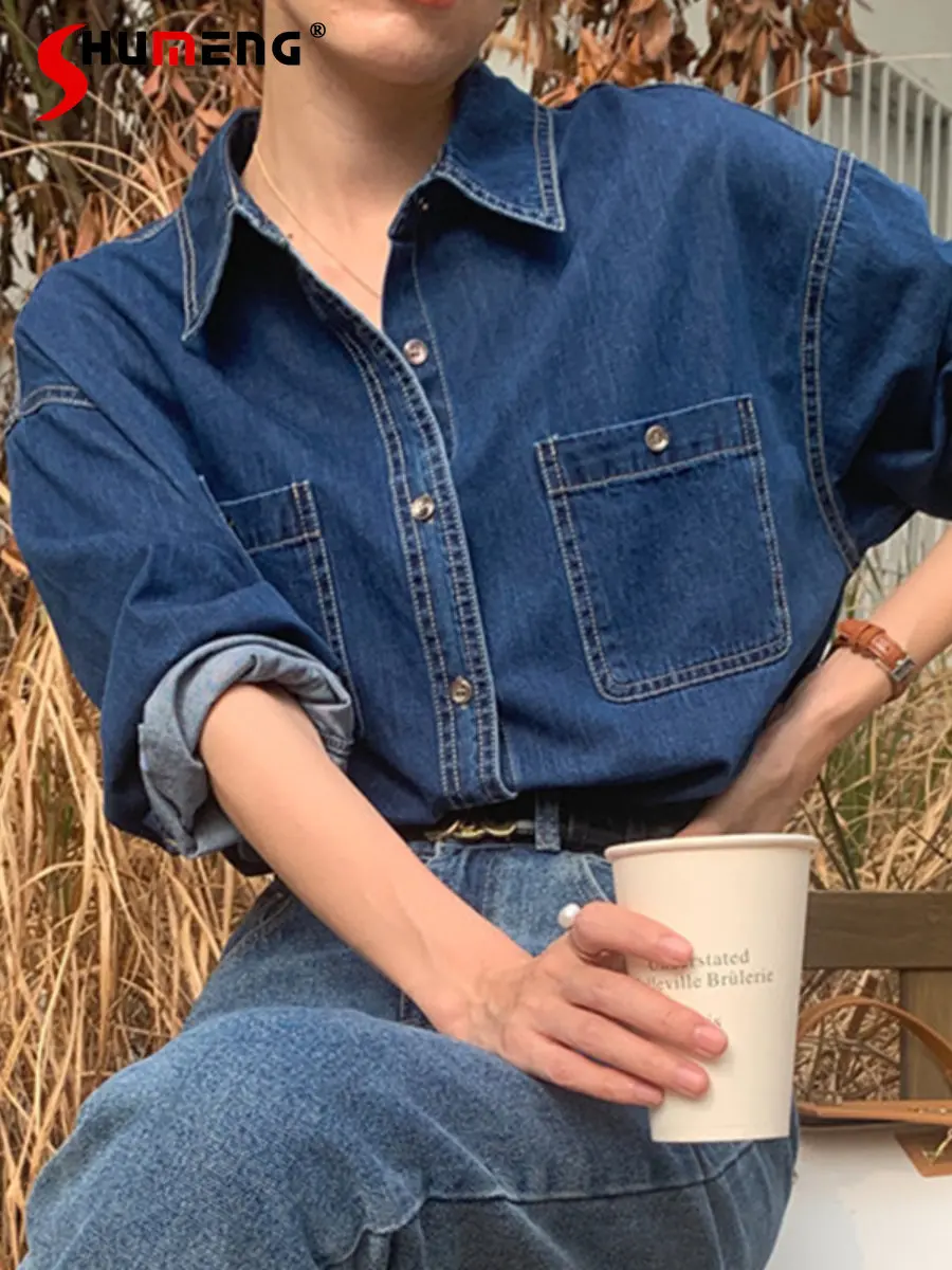 

Korean Style Retro Blue Lapel Pocket Line Design Loose Long Sleeve Washed Denim Shirt Top Women 2022 Autumn Winter Jeans Blouse