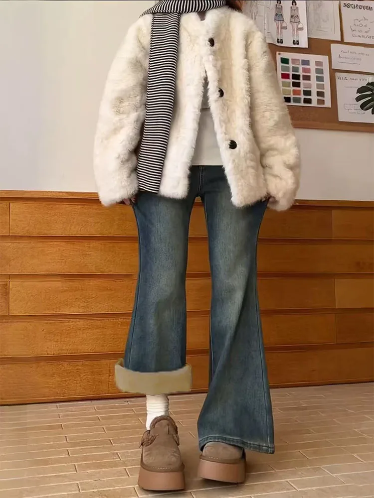 

Женские зимние джинсы-клеш с высокой талией, прямые, облегающие, повседневные, больших размеров, в стиле ретро, с подкладкой