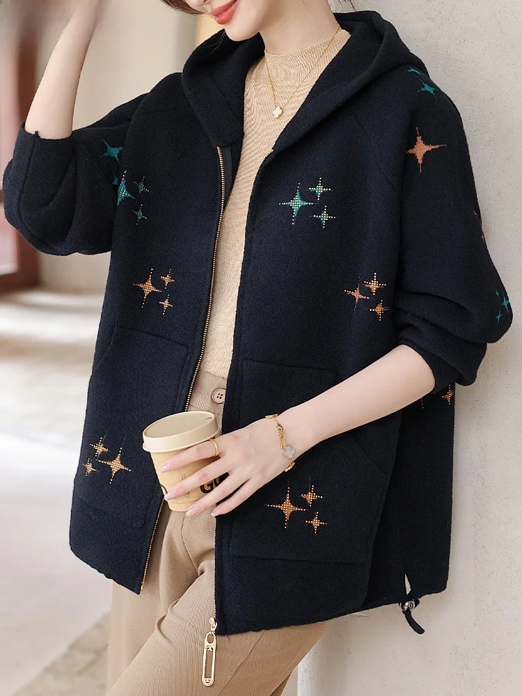 

Double-Faced Woolen Knitted Cardigan Faionable Autumn Outerwear for Middle-Aged And ly Women Loose Fit Zipper Closure