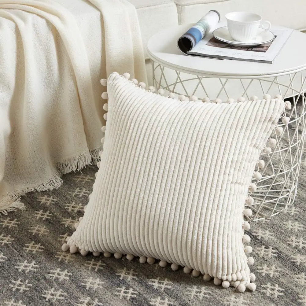 Decorative Throw Pillow Covers with Pom-poms, Soft Corduroy Accent Solid Cushion Case Set for Couch Sofa Bedroom Car Living Room