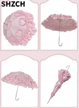 Heart Love Lolita Sun Protection Umbrella Girl Heart Princess Umbrella Color Matching Lace Straight Handle Bird Cage Lo Umbrella
