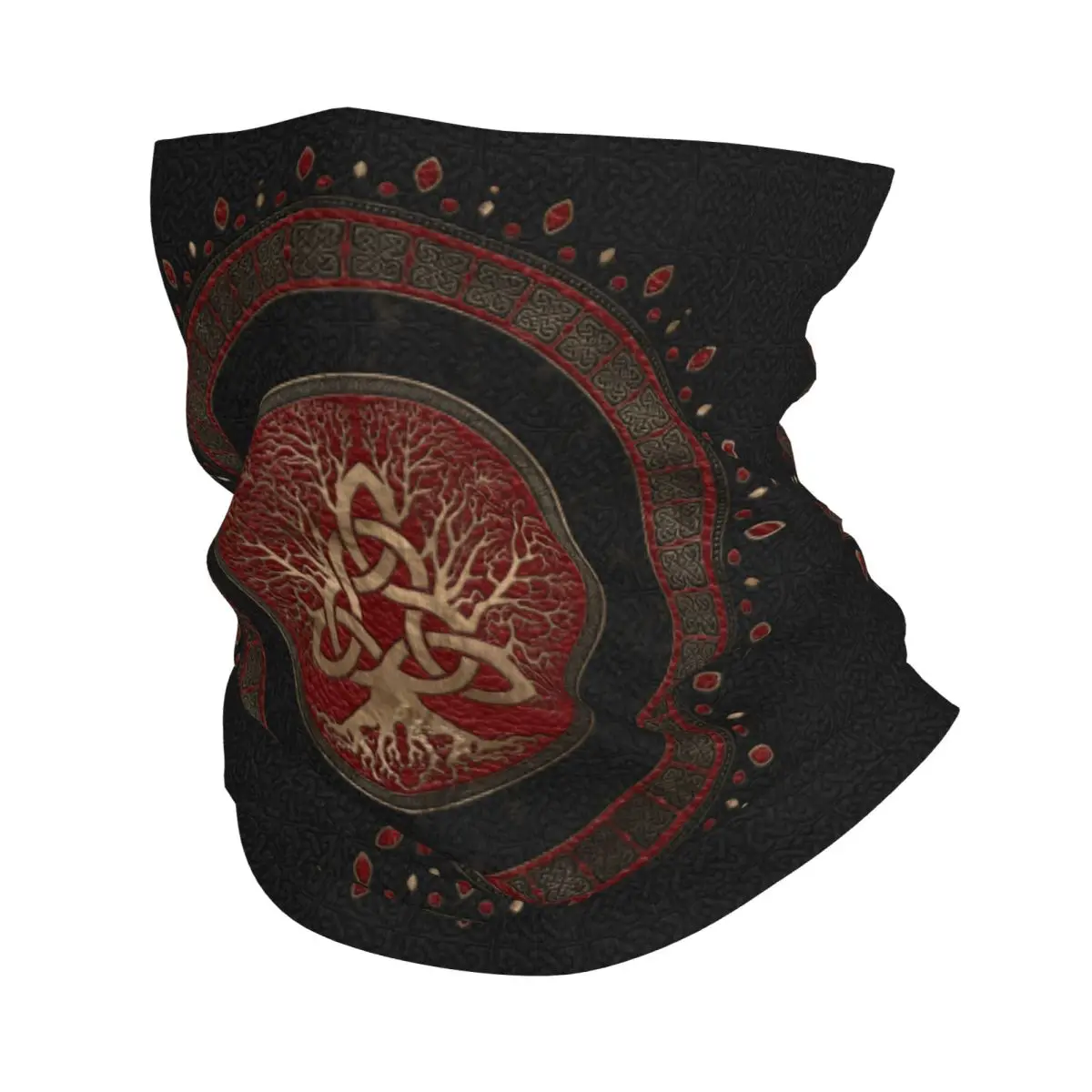 Tree Of Life With Triquetra Black Red Leather Gold Viking Scarf Neckerchief Neck Face Mask Polyester