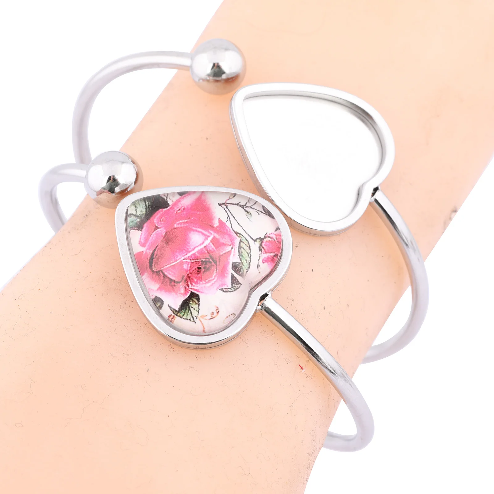 2pcs Stainless Steel Cuff Bracelet Base Setting Blanks Fit 20mm Heart Cabochon Bangle Bezel Trays For Jewelry Making Supplies
