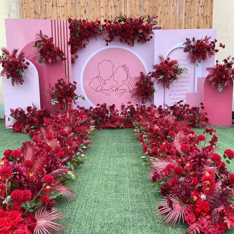 Red Wedding Floral Arrangement Stage Decoration Background Flower Arrangement Road Guide Artificial Flower Combination