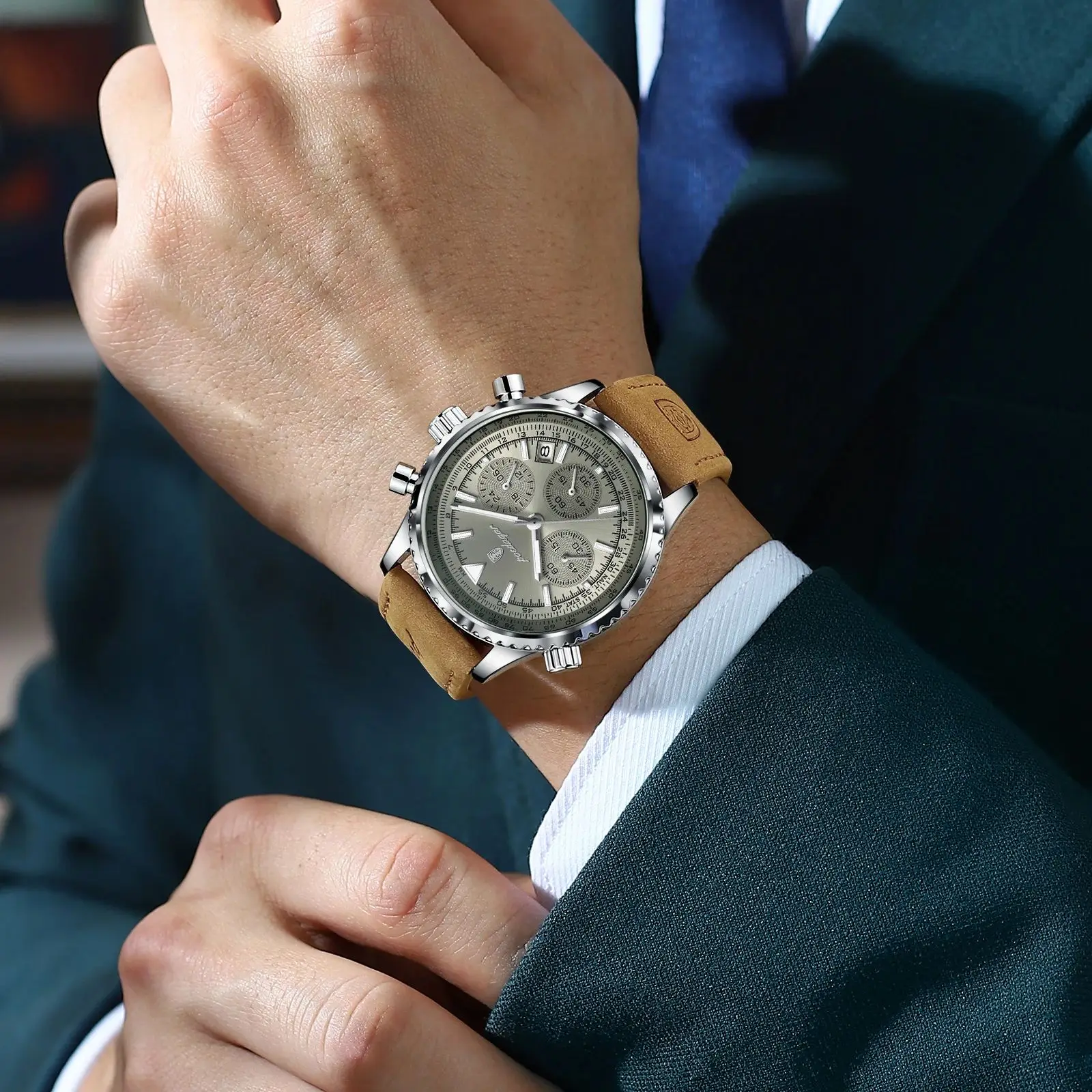 POEDAGAR แฟชั่นผู้ชายคุณภาพสูงนาฬิกา Chronograph กันน้ําปฏิทิน Man นาฬิกาข้อมือหนังควอตซ์นาฬิกาผู้ชาย + กล่อง