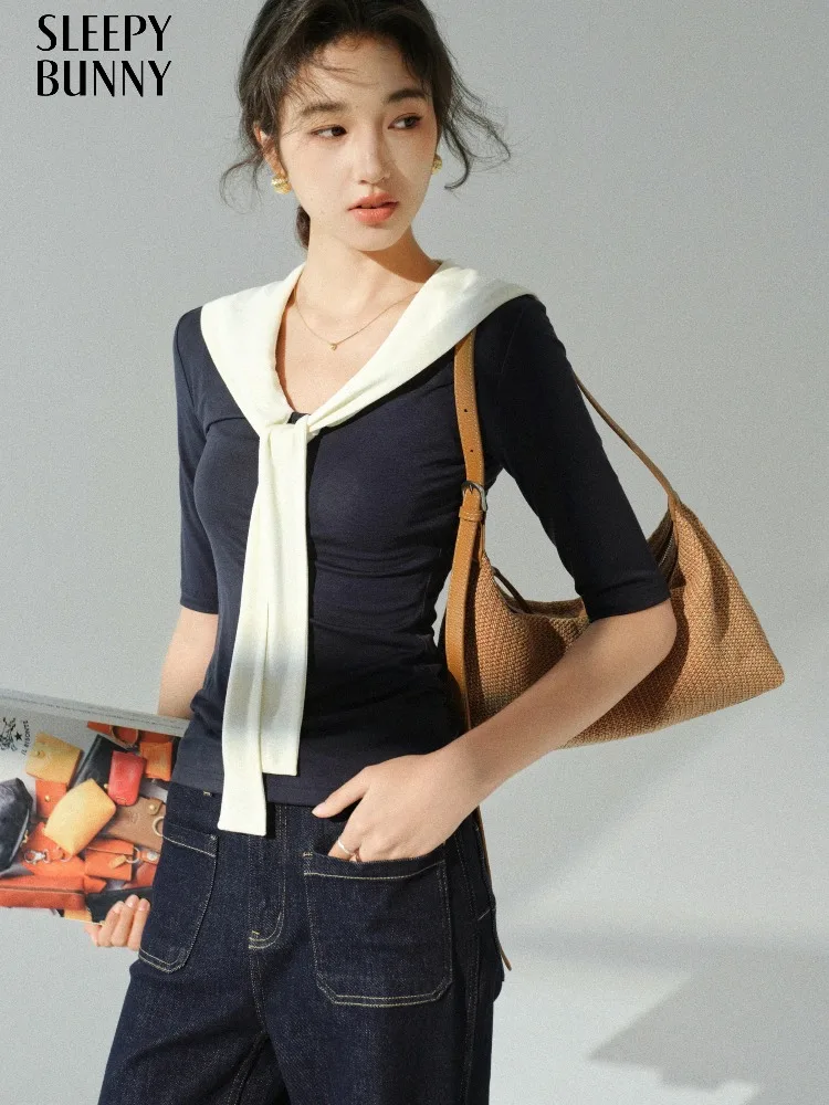 

Trendy Two Piece Style T Shirt Women Contrast Scarf Design Slim Fit Top Stretchy Casual Tee Autumn Elegant Fake Layered Outfit