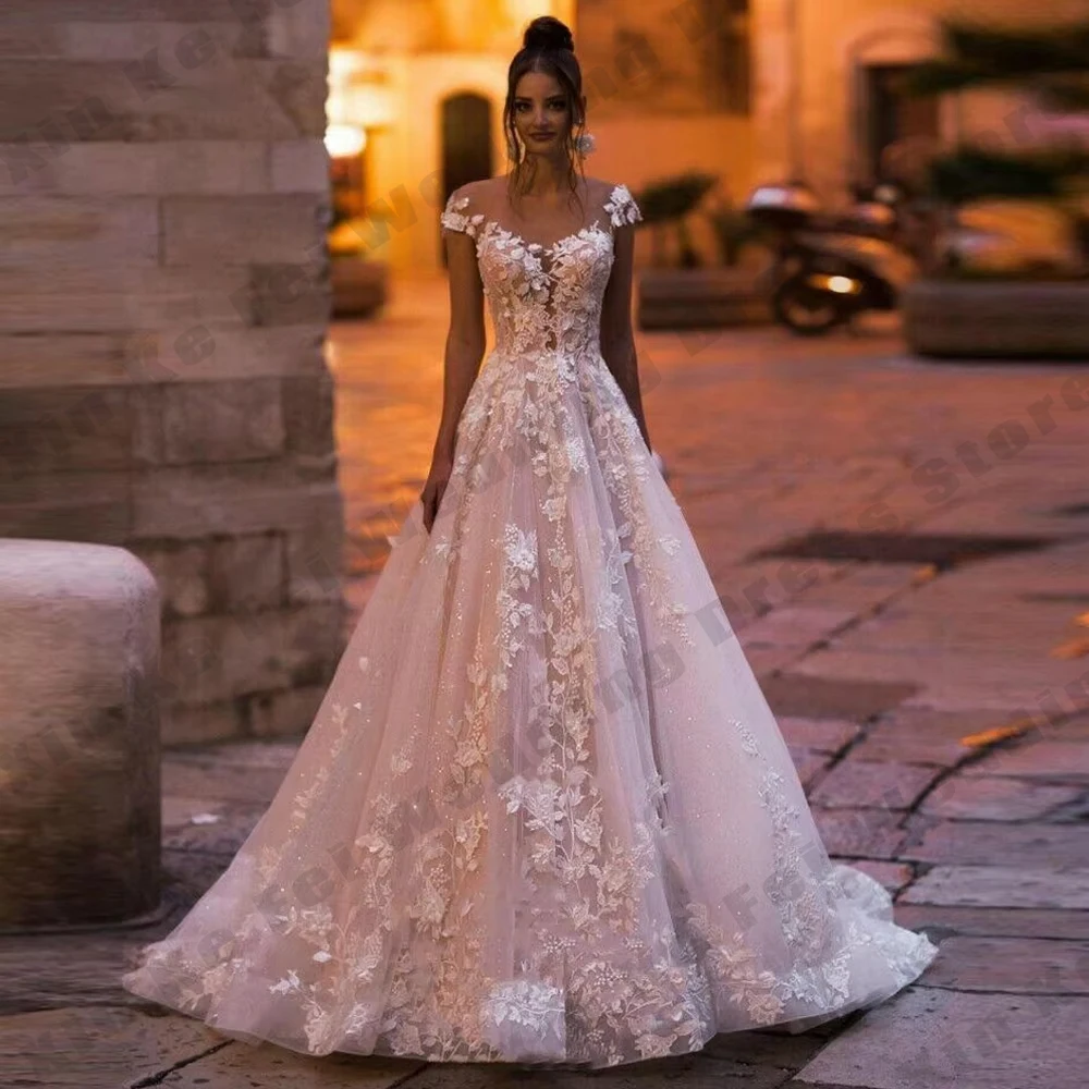 

Gorgeous Women's Wedding Dresses A-line Round Neck Lace Bohemian Princess Bridal Gowns Formal Prom Party Customized vestido De