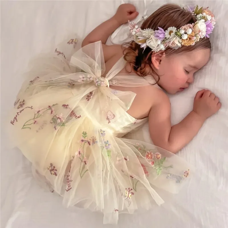 Newborn Baby Girl Princess Tulle Dress Fairy Embroidery Flower Sling Romper Infant Toddler Daisy Jumpsuit  Baby Clothing 3-18M