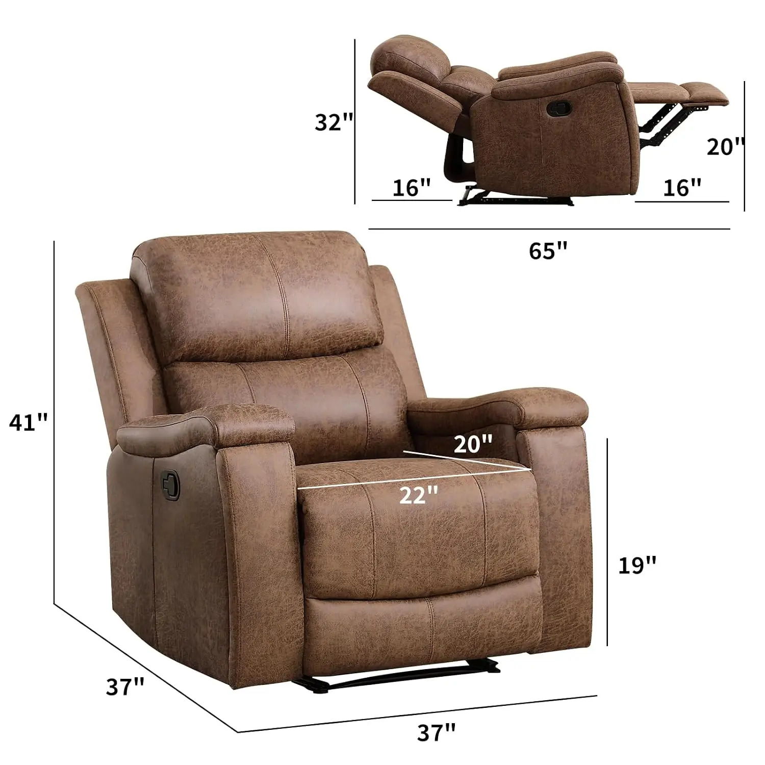 Leather Recliner Chair Manual Overstuffed Arms Back Concealed Cup Holders Single Sofa Nut Brown, Customized